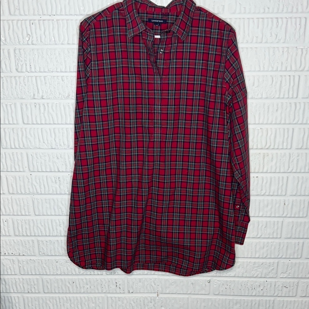 Lands End Red Plaid Quarter Button Up Blouse